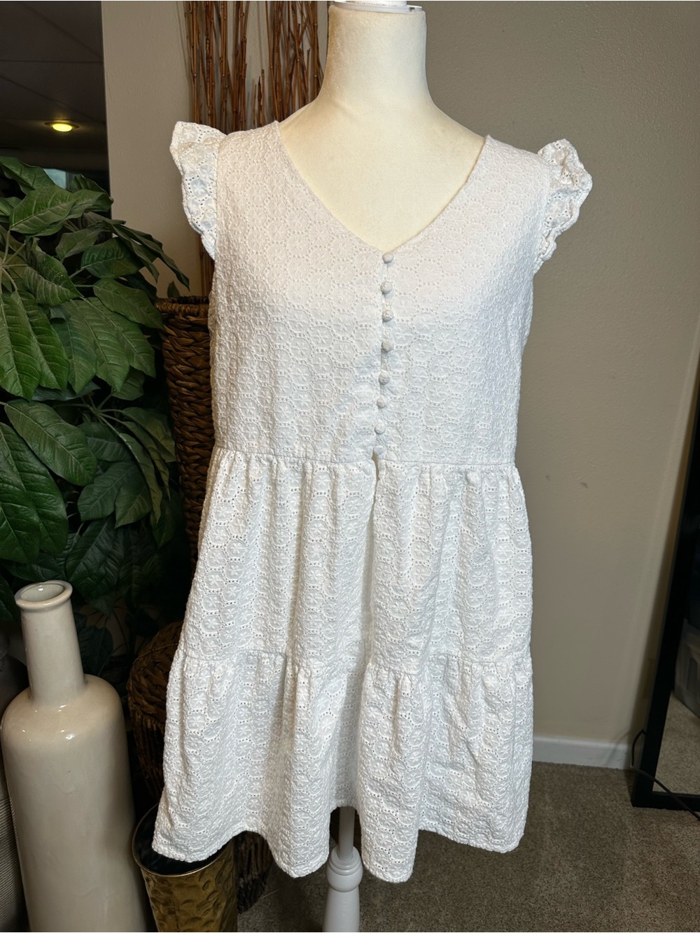 Joie White Eyelet V-Neck Tiered Sundress